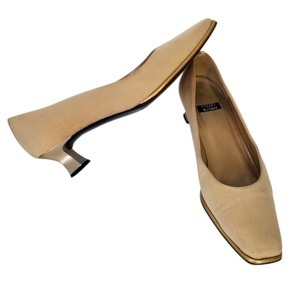 Vintage 90s Stuart Weitzman Kitten Heel Pumps Champagne Beige Gold Matte Sz 6